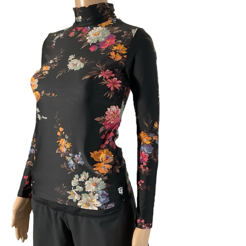 Twin Fantasy Black Floral Mock Neck Long Sleeve Top XS Italian Fabric - Picture 4 of 9